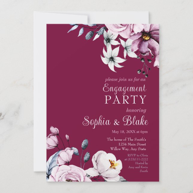 Invitación Floral rosa, blanca y azul | Partido de compromiso (Anverso)