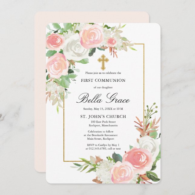 Invitación Floral rosa blanco rosa Rubor Primera comunión sag (Anverso / Reverso)