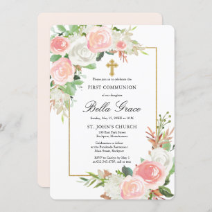 Invitación Floral rosa blanco rosa Rubor Primera comunión sag