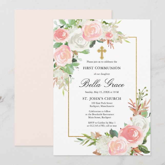 Invitación Floral rosa blanco rosa Rubor Primera comunión sag (Anverso / Reverso)