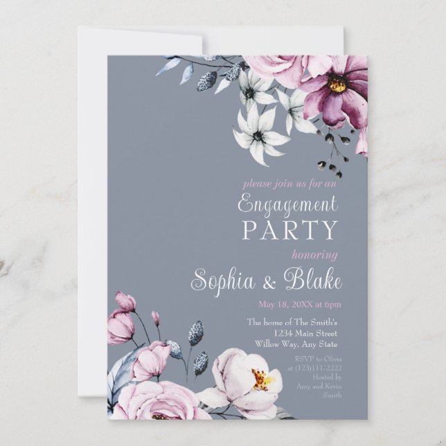 Invitación Floral Rosa, Blanco y Azul | Fiesta de Compromiso  (Anverso)