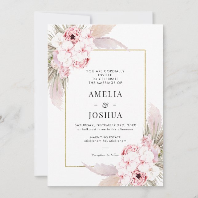Invitación Floral Rosa Boho Con Boda De Marco Oro (Anverso)