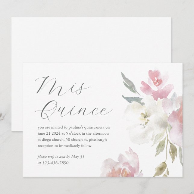 Invitación Floral rosa bonito 15 años cumpleaños Quinceañera (Anverso / Reverso)