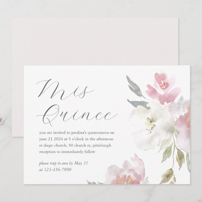 Invitación Floral rosa bonito 15 años cumpleaños Quinceañera (Anverso / Reverso)