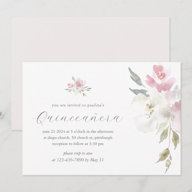 Invitación Floral rosa bonito 15 años cumpleaños Quinceañera (Anverso / Reverso)