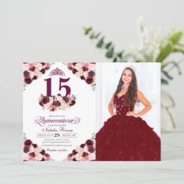 Invitación Floral rosa borgoña Quinceanera foto de cumpleaños
