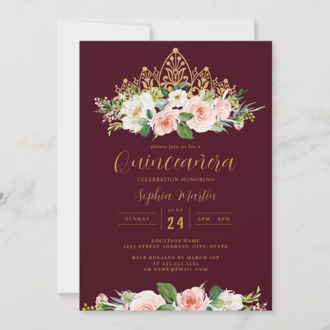 Invitación Floral rosa borgoñona dorada Tiara Quinceanera (Anverso)
