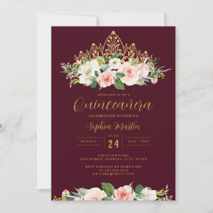 Invitación Floral rosa borgoñona dorada Tiara Quinceanera