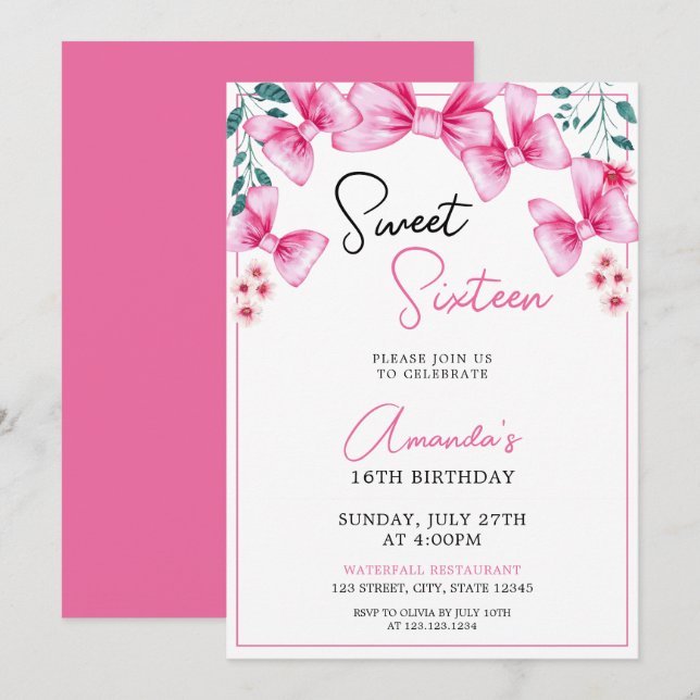 Invitación Floral Rosa Bow Coquette Sweet 16 Cumpleaños (Anverso / Reverso)