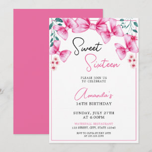 Invitación Floral Rosa Bow Coquette Sweet 16 Cumpleaños