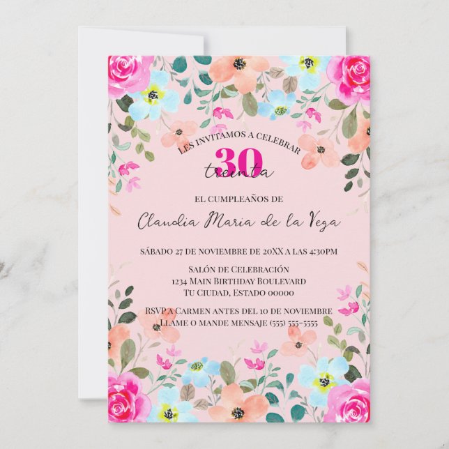 Invitación Floral rosa brillante española Fiesta de cumpleaño (Anverso)