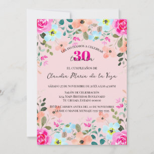 Invitación Floral rosa brillante española Fiesta de cumpleaño
