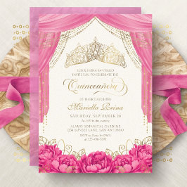 Invitación Floral rosa caliente Tiara Girly Quinceanera