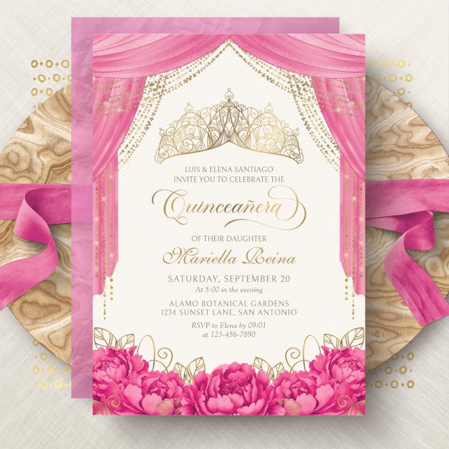 Invitación Floral rosa caliente Tiara Girly Quinceanera (Subido por el creador)