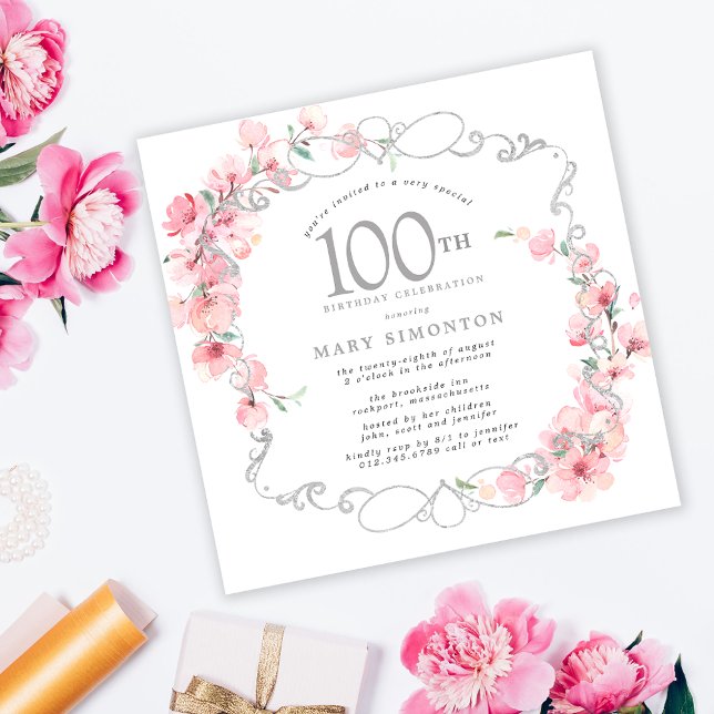 Invitación Floral rosa Cerezo en flor 100 cumpleaños (Subido por el creador)