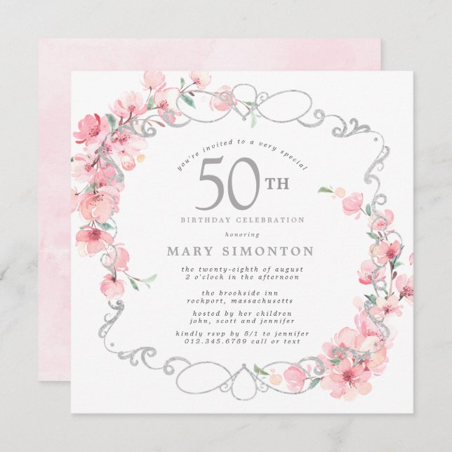 Invitación Floral rosa Cerezo en flor 50 cumpleaños (Anverso / Reverso)
