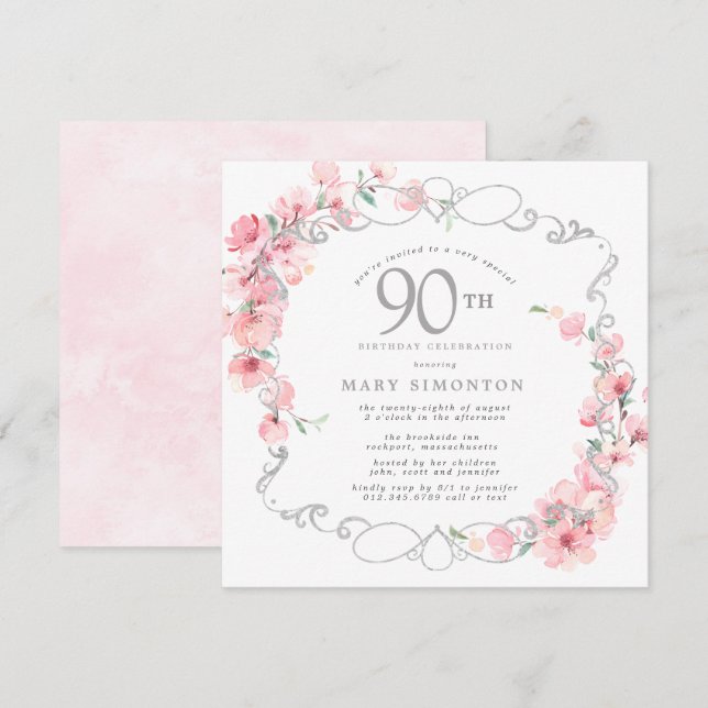Invitación Floral rosa cerezo floral en flor 90 cumpleaños (Anverso / Reverso)