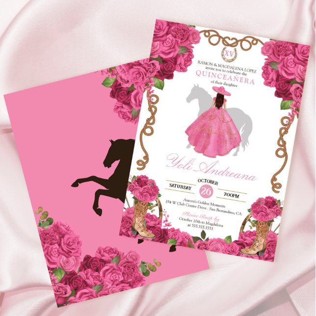 Invitación Floral rosa Charro Occidental Quinceañera (Subido por el creador)
