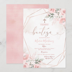 Invitación Floral rosa Chica español Bautizo Christening