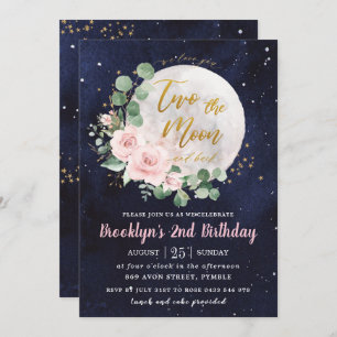 Invitación Floral rosa cielo nocturno dos cumpleaños de la lu