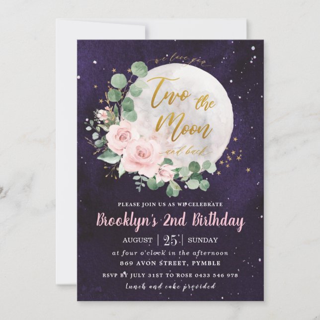 Invitación Floral rosa cielo nocturno dos cumpleaños de la lu (Anverso)