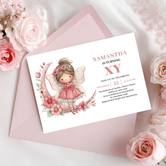 Invitación Floral Rosa Claro Cumpleaños Niña Hada (Fairy Girl Birthday Blush Pink Floral Invitation)