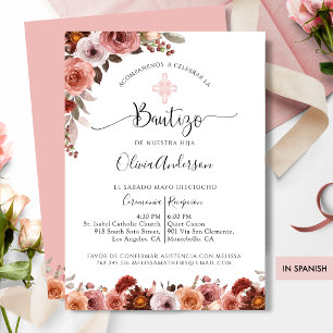 Invitación Floral Rosa Claro para Bautizo Español