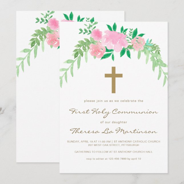 Invitación Floral rosa con cruz primera comunión sagrada (Anverso / Reverso)