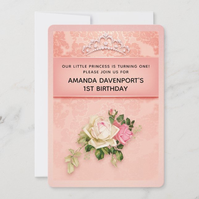 Invitación Floral rosa con Diamond Tiara Elegante cumpleaños (Anverso)