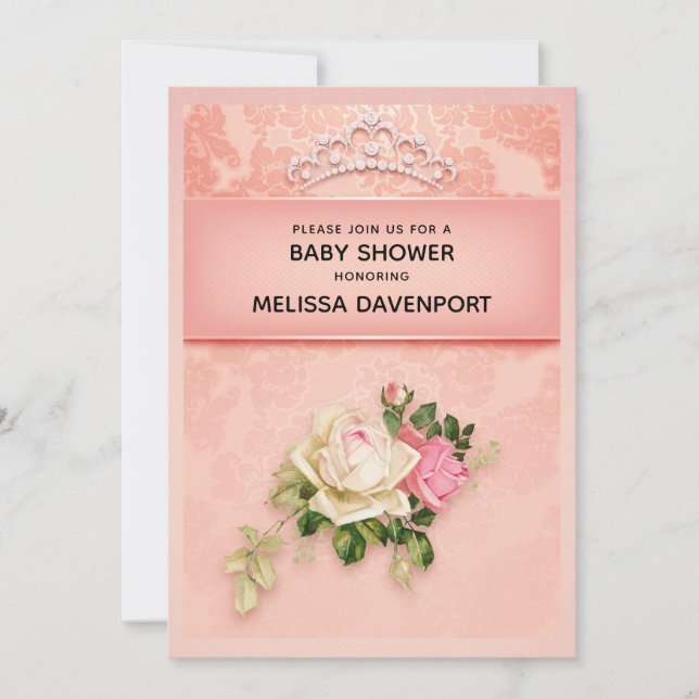 Invitación Floral rosa con el elegante Baby Shower de Diamond (Anverso)