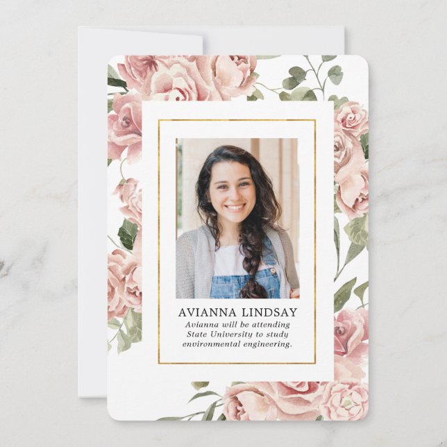Invitación Floral rosa con foto en fiesta de graduación trase (Reverso)