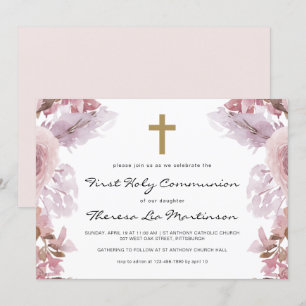 Invitación Floral rosa con la comunidad sagrada de la Cruz