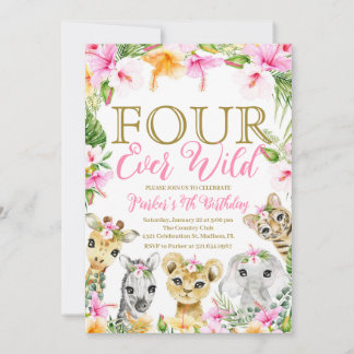 Invitación Floral rosa cuatro Chicas de cumpleaños de la selv