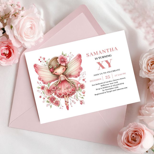 Invitación Floral Rosa Cumpleaños Niña Hada Linda (Cute Fairy Girl Birthday Floral Pink Invitation)