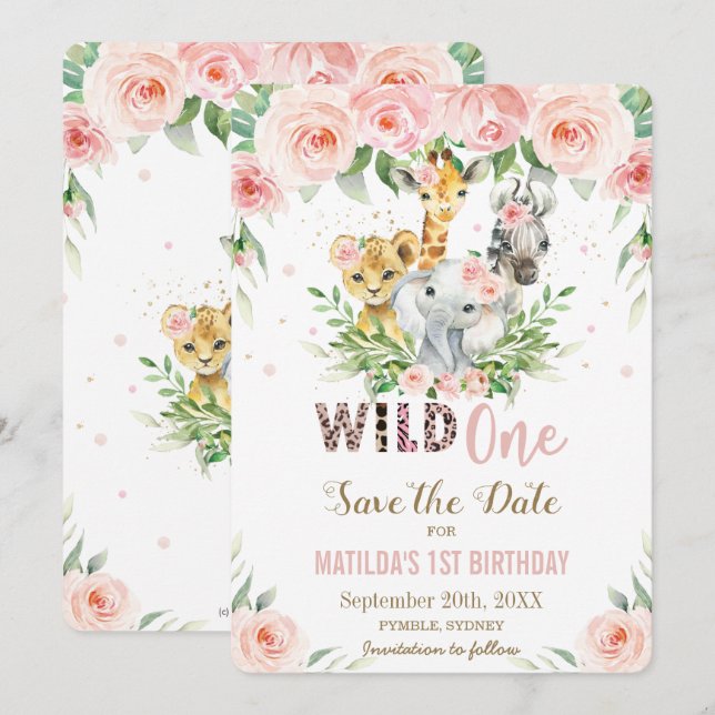 Invitación Floral rosa de animales de la jungla Guardar tarje (Anverso / Reverso)