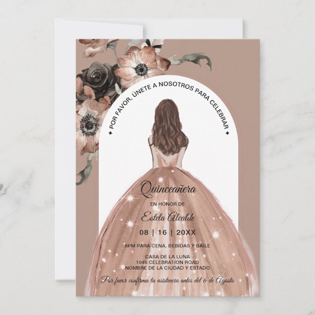 Invitación Floral rosa de Boho Arch Española Quinceañera (Anverso)