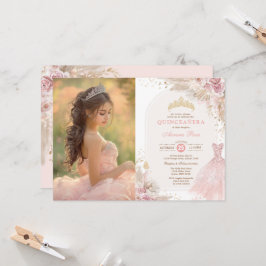 Invitación Floral rosa de Boho Quinceañera 15º cumpleaños. Fo