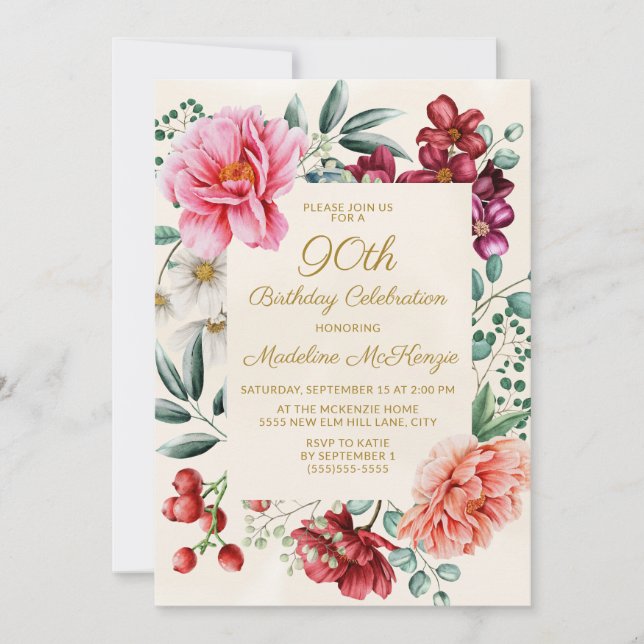 Invitación Floral rosa de Borgoña 90 cumpleaños (Anverso)