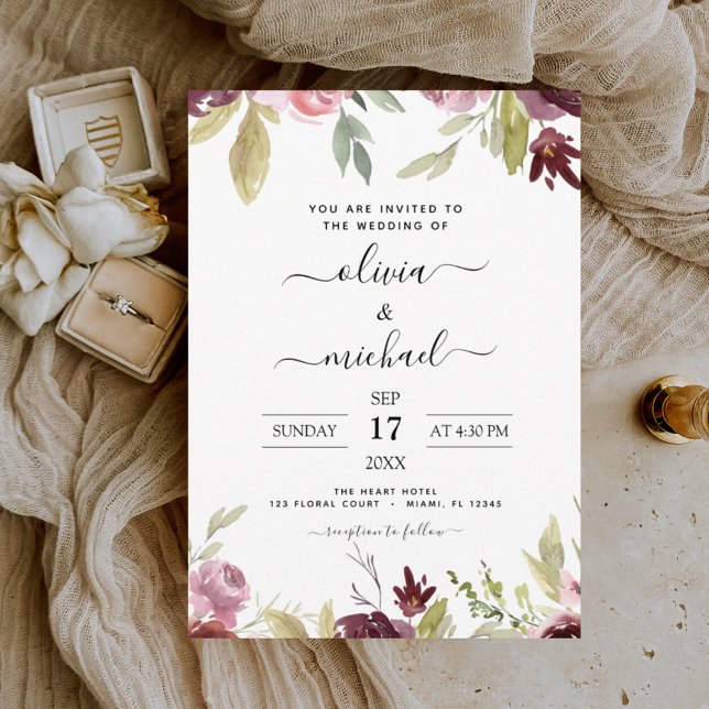 Invitación floral rosa de Borgoña boda (Subido por el creador)