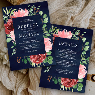 Invitación Floral rosa de borgoña Rubor en un Boda de la mari