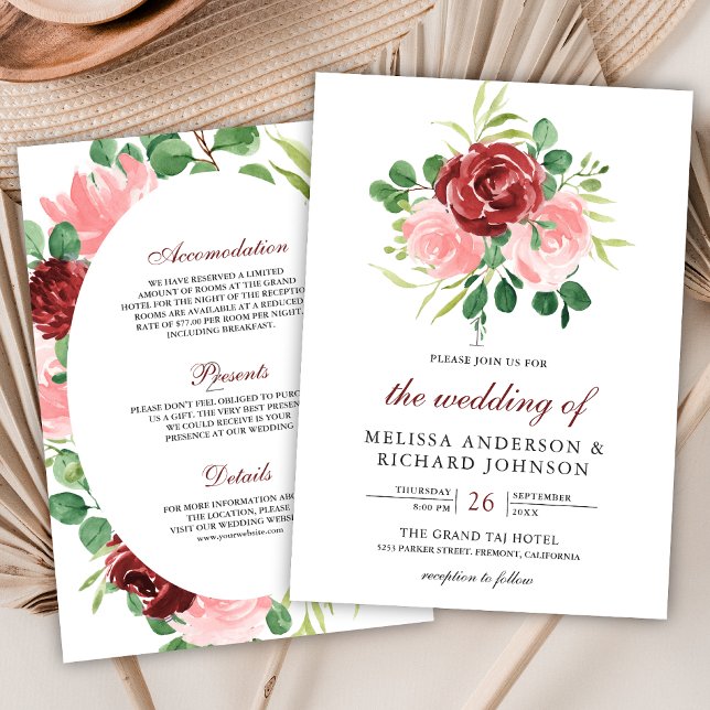 Invitación Floral rosa de borgoña Rubor en un solo Boda (Subido por el creador)