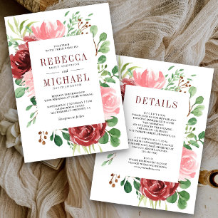 Invitación Floral rosa de borgoña Rubor en un solo Boda