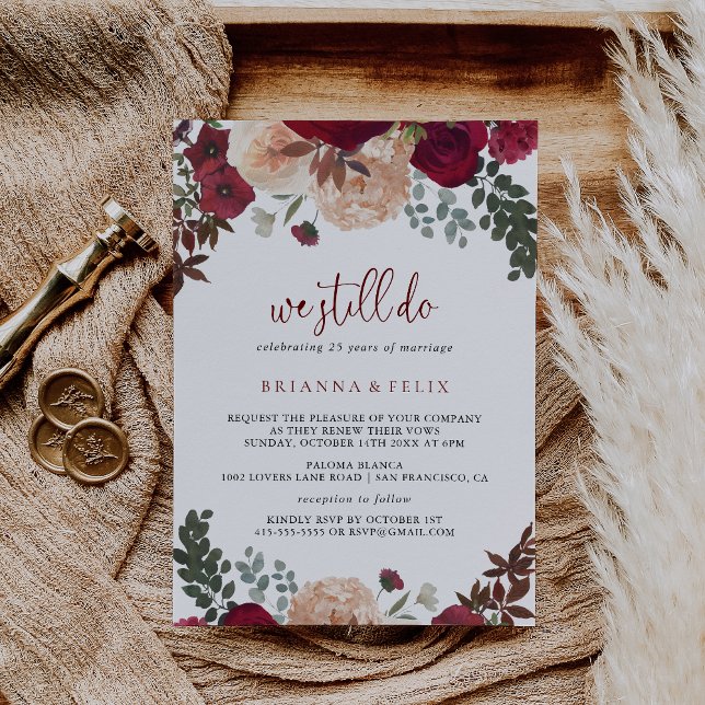 Invitación Floral rosa de Borgoña, todavía prometemos renovac (Subido por el creador)