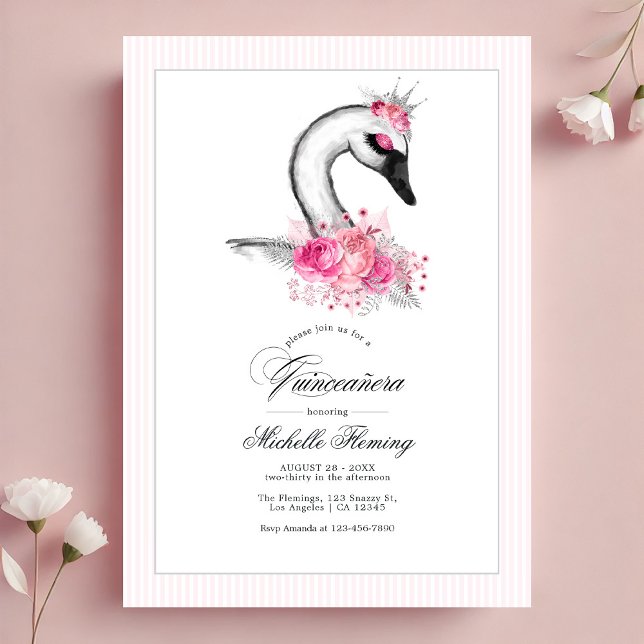 Invitación Floral rosa de cisne blanca Quinceañera Foto (White Swan Pink Floral Quinceañera Photo Invitation)
