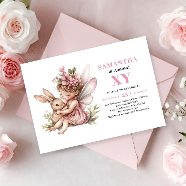 Invitación floral rosa de cumpleaños de niña hada  (Magical Fairy Girl Birthday Pink Floral invitation)