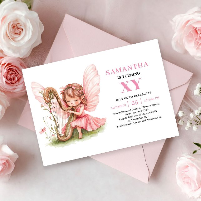 Invitación floral rosa de cumpleaños de niña hada  (Cute Fairy Girl Birthday Floral Pink invitation)
