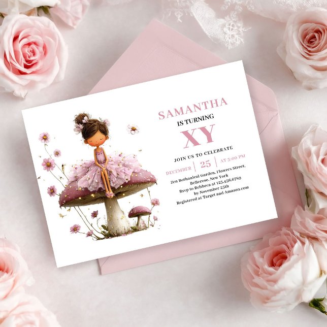 Invitación floral rosa de cumpleaños de niña hada  (Cute Fairy Girl Birthday Floral Pink invitation)