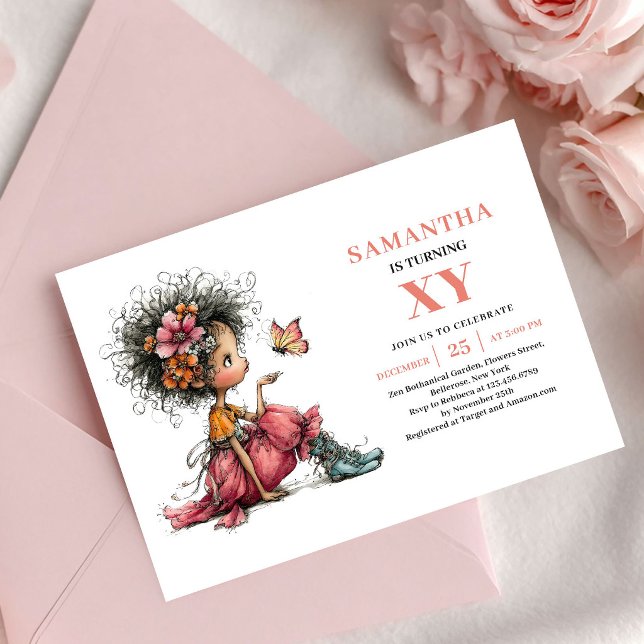 Invitación floral rosa de cumpleaños de niña hada  (Whimsical Fairy Girl Birthday Pink Floral invitation)