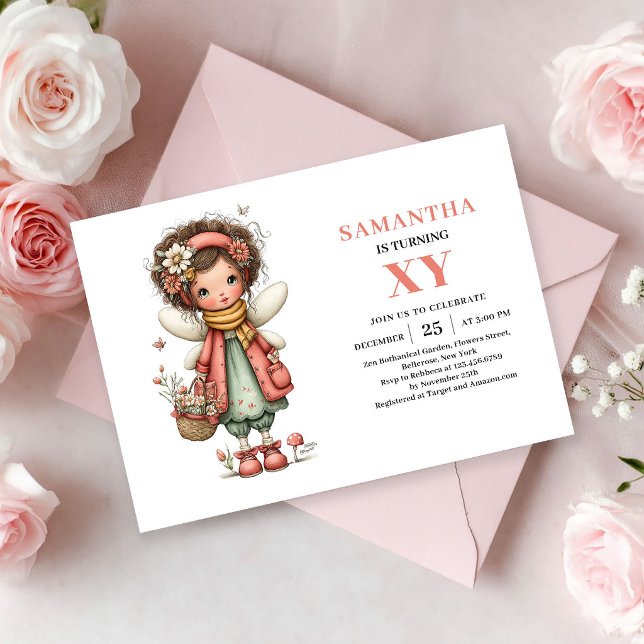 Invitación floral rosa de cumpleaños de niña hada  (Magical Fairy Girl Birthday Pink Floral invitation)