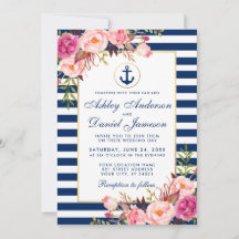 Invitación floral rosa de franjas azul boda